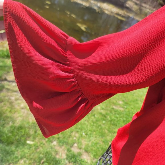 $3/33 Maurices red top, ornate collar, flounce sleeve, size L - Picture 3 of 8
